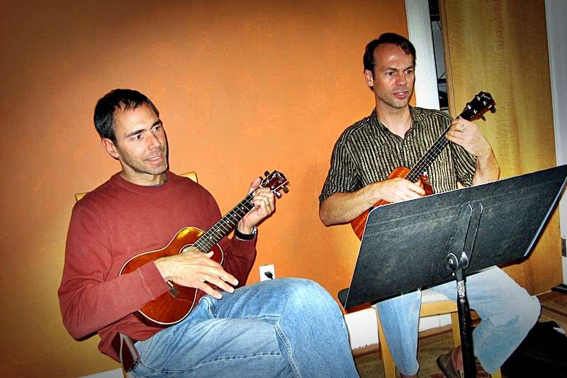 Friends playing ukulele at Make Great Music